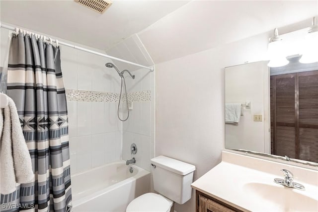 bathroom featuring toilet, visible vents, shower / tub combo with curtain, and vanity