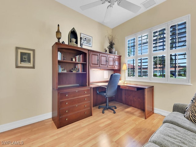 office space featuring a ceiling fan, light wood-style flooring, visible vents, and baseboards