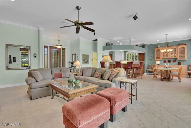 living room featuring baseboards, ceiling fan with notable chandelier, ornamental molding, and light tile patterned flooring