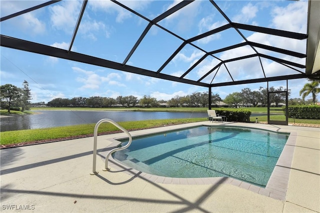 outdoor pool featuring a patio area, a water view, and a lanai