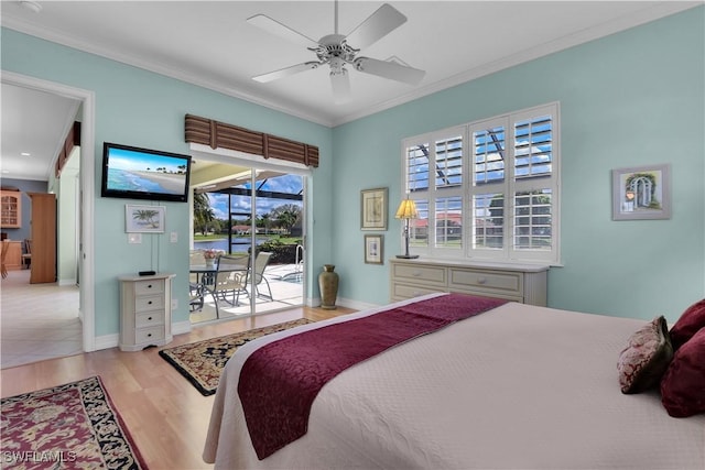 bedroom with ceiling fan, wood finished floors, baseboards, access to outside, and crown molding