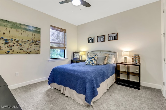 bedroom featuring carpet flooring, ceiling fan, and baseboards