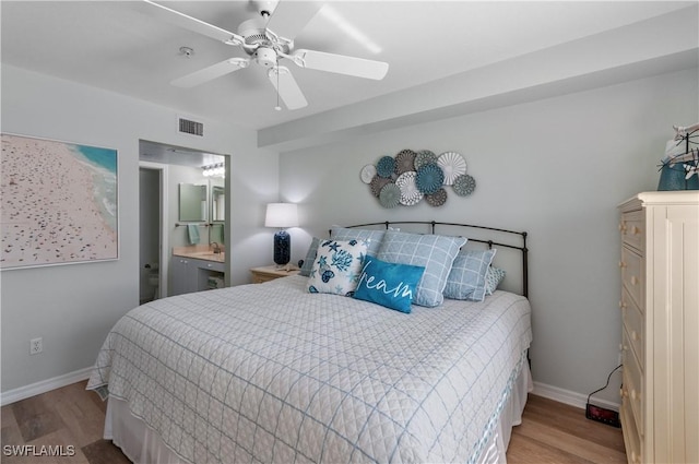 bedroom with visible vents, baseboards, wood finished floors, and a ceiling fan