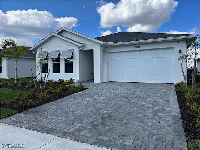 view of front of property featuring a garage, decorative driveway, roof with shingles, and stucco siding