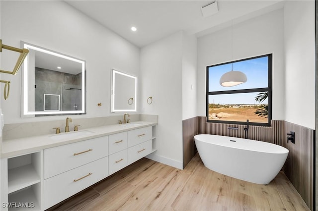 full bath with wood finished floors, wainscoting, a sink, and double vanity