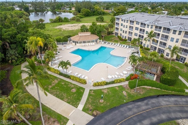 aerial view featuring a water view