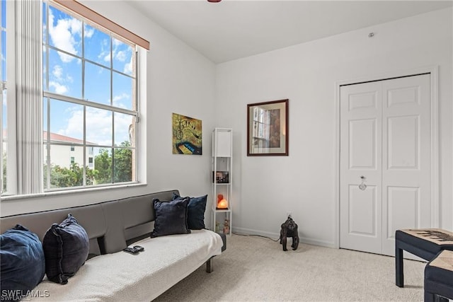 living area with light carpet and baseboards