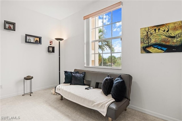 living area featuring baseboards and carpet flooring