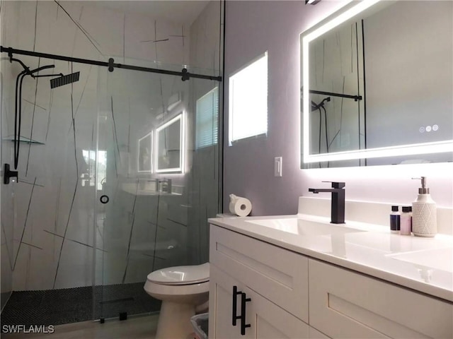 bathroom with toilet, a stall shower, and vanity