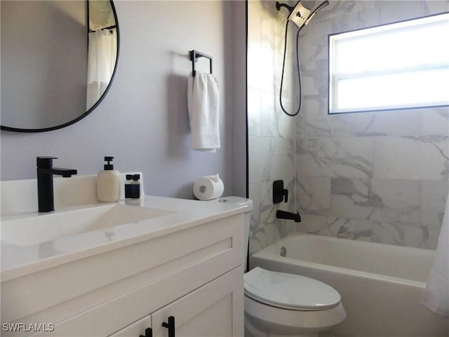 bathroom with shower / bath combination with curtain, vanity, and toilet