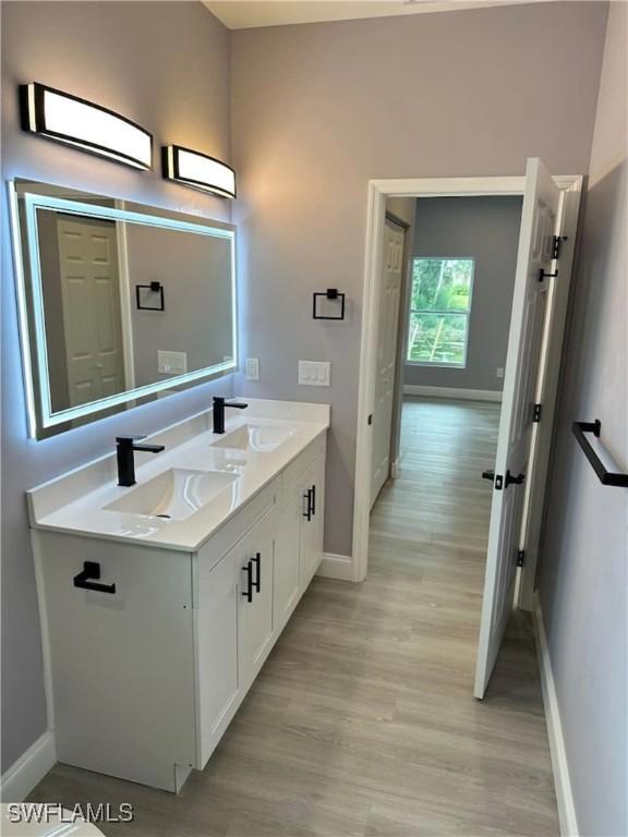 bathroom featuring double vanity, baseboards, a sink, and wood finished floors