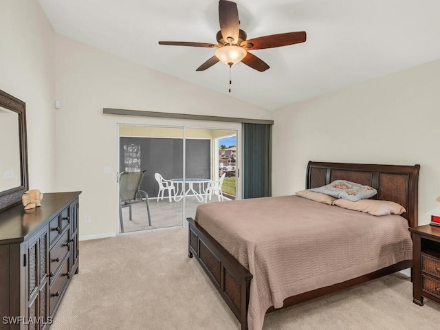 bedroom with baseboards, light colored carpet, lofted ceiling, ceiling fan, and access to outside