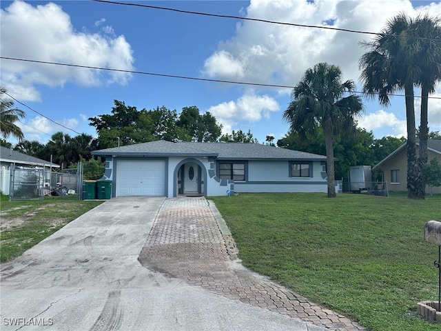 ranch-style home featuring concrete driveway, a front lawn, an attached garage, and stucco siding