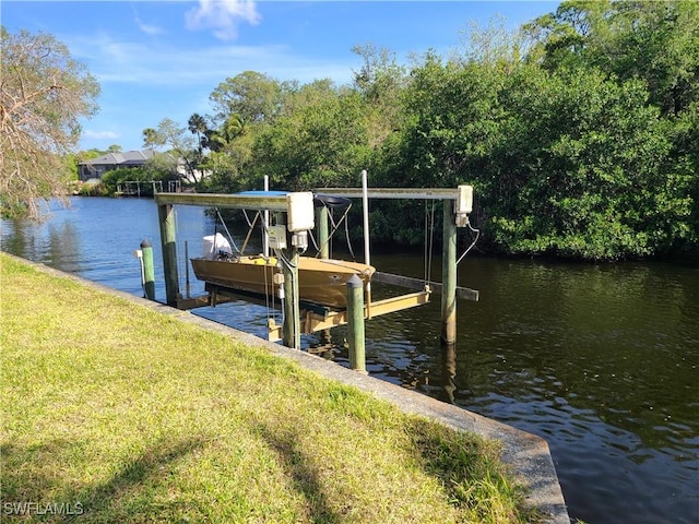 27253 Rio Vista Cir, Bonita Springs, FL 34135 - dock area featuring a lawn, a water view, and boat lift