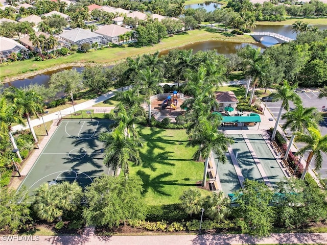 birds eye view of property featuring a water view