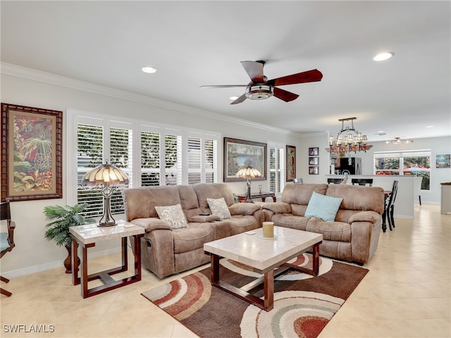 living room with ornamental molding, recessed lighting, plenty of natural light, and light tile patterned floors