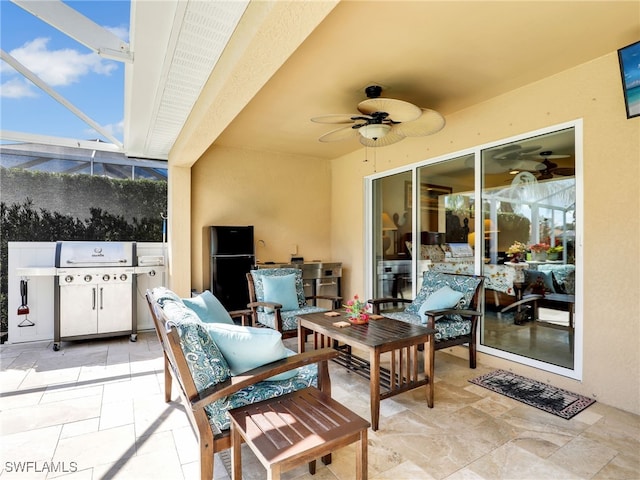 view of patio with a lanai, a grill, ceiling fan, and an outdoor hangout area