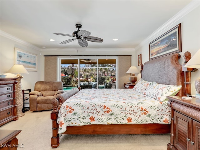 bedroom with light carpet, access to exterior, ornamental molding, and recessed lighting