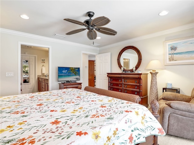 bedroom with visible vents, ensuite bath, ceiling fan, crown molding, and recessed lighting