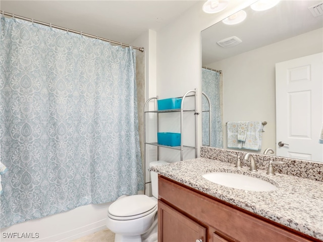 full bathroom featuring toilet, shower / bathtub combination with curtain, visible vents, and vanity