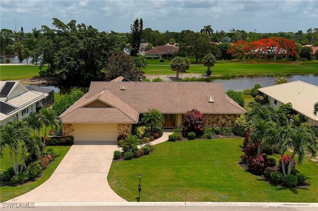 exterior space with a water view