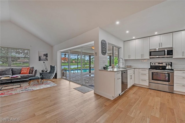 kitchen featuring stainless steel appliances, open floor plan, light countertops, and a sink