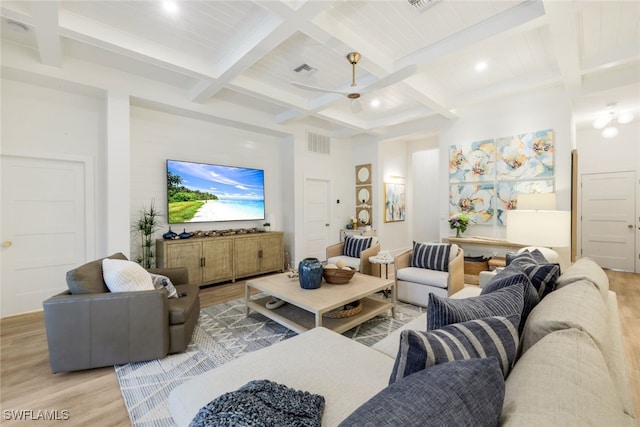 living room with light wood finished floors, beamed ceiling, and visible vents