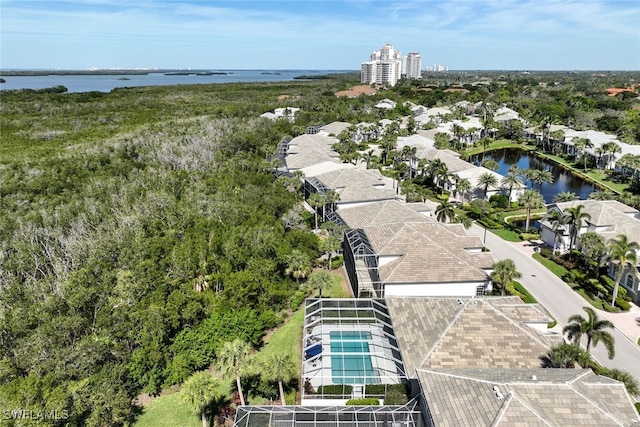 drone / aerial view with a water view