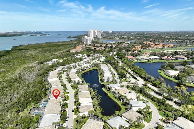 bird's eye view with a water view