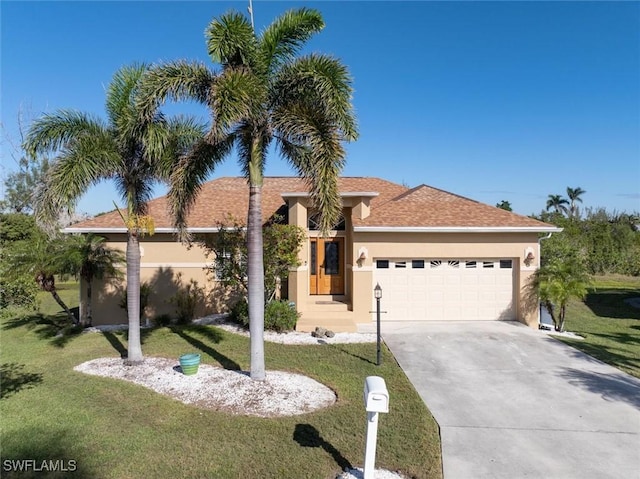 view of front of property featuring a garage, a shingled roof, concrete driveway, stucco siding, and a front yard