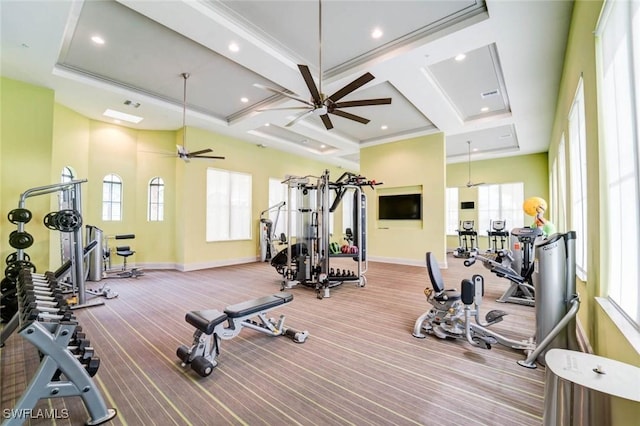 exercise room with baseboards, coffered ceiling, a ceiling fan, and recessed lighting