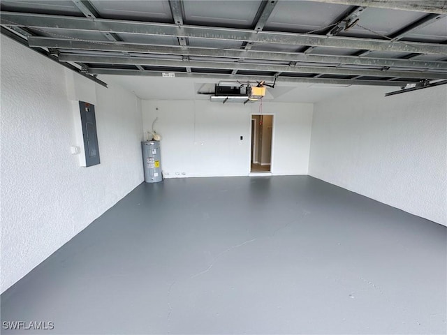 garage featuring electric panel, a garage door opener, and electric water heater