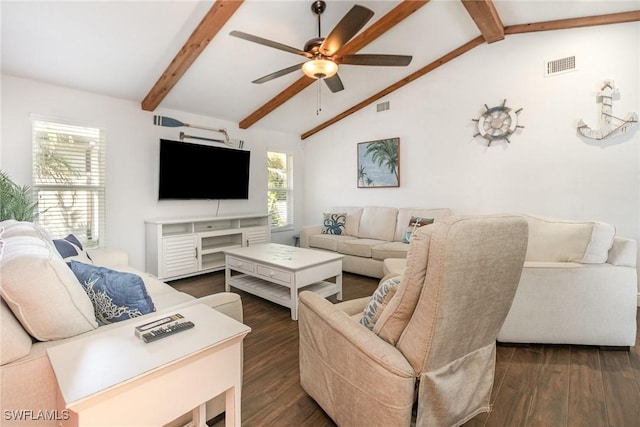 living room with vaulted ceiling with beams, dark wood-type flooring, and visible vents