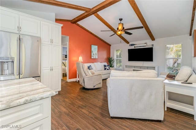 living room with dark wood finished floors, lofted ceiling with beams, and ceiling fan