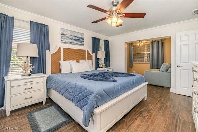 bedroom featuring wood tiled floor, visible vents, crown molding, and ceiling fan