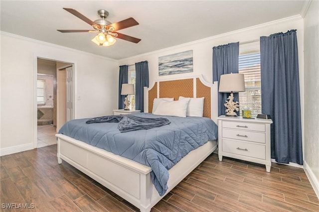 bedroom with ornamental molding, wood tiled floor, connected bathroom, and baseboards