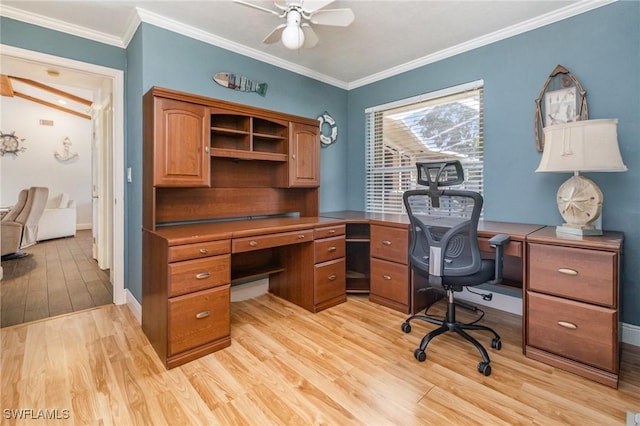 home office featuring visible vents, baseboards, ceiling fan, ornamental molding, and light wood-style floors