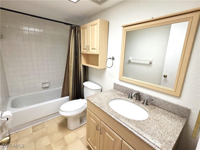 full bathroom featuring vanity, shower / bath combination with curtain, and toilet