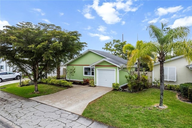 ranch-style house featuring stucco siding, concrete driveway, a front yard, and a garage