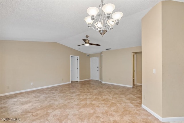 spare room with visible vents, baseboards, lofted ceiling, a textured ceiling, and ceiling fan with notable chandelier