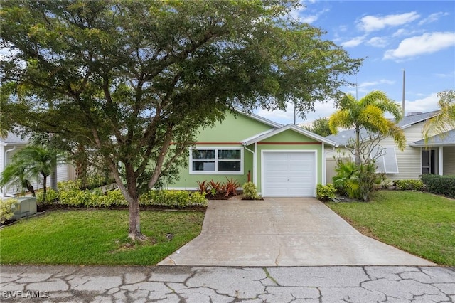 single story home featuring stucco siding, a front yard, concrete driveway, and an attached garage