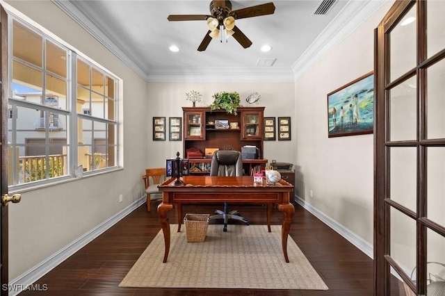 office with dark wood-style floors, visible vents, ornamental molding, and baseboards