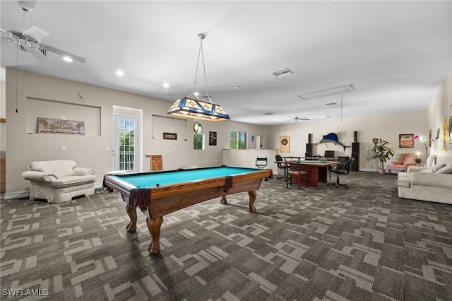 playroom featuring attic access, visible vents, a ceiling fan, pool table, and dark carpet