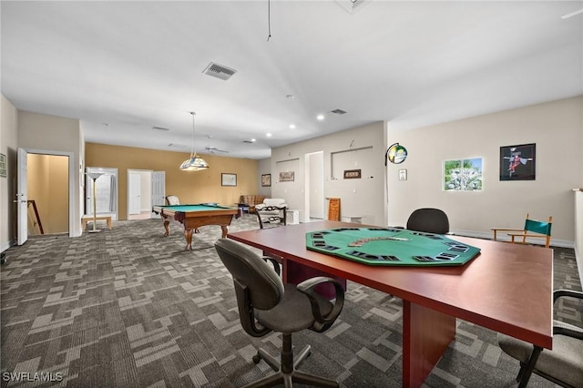 game room featuring carpet floors, billiards, visible vents, and recessed lighting