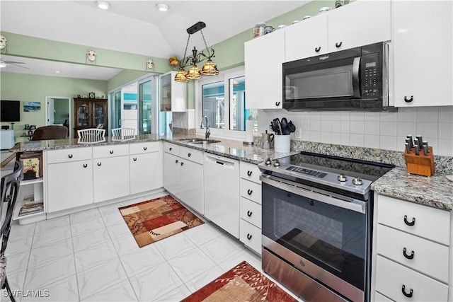 kitchen featuring black microwave, white cabinetry, dishwasher, and stainless steel electric range