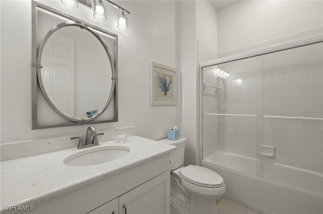 full bathroom with toilet, enclosed tub / shower combo, and vanity