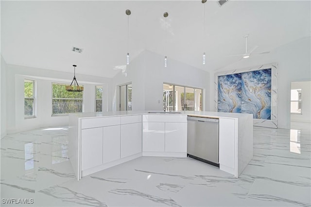 kitchen featuring white cabinets, light countertops, dishwasher, modern cabinets, and decorative light fixtures