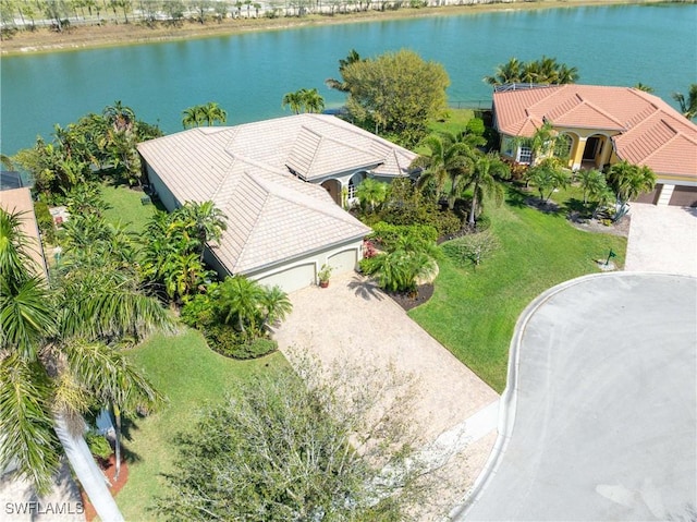 bird's eye view with a water view