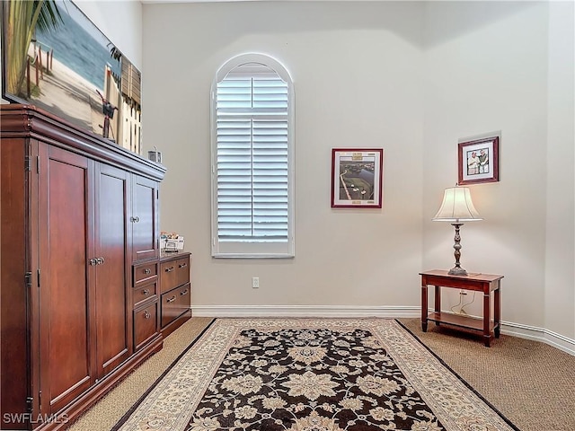 interior space featuring light carpet and baseboards