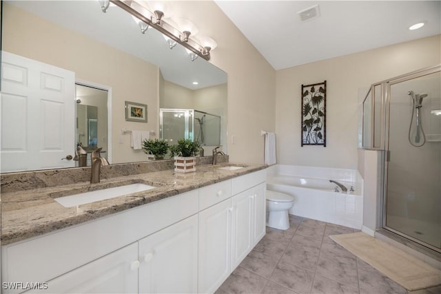 full bathroom with visible vents, a sink, a shower stall, and toilet